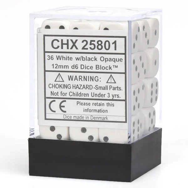 Chessex: d6 Dice 12mm Opaque White/Black (36)