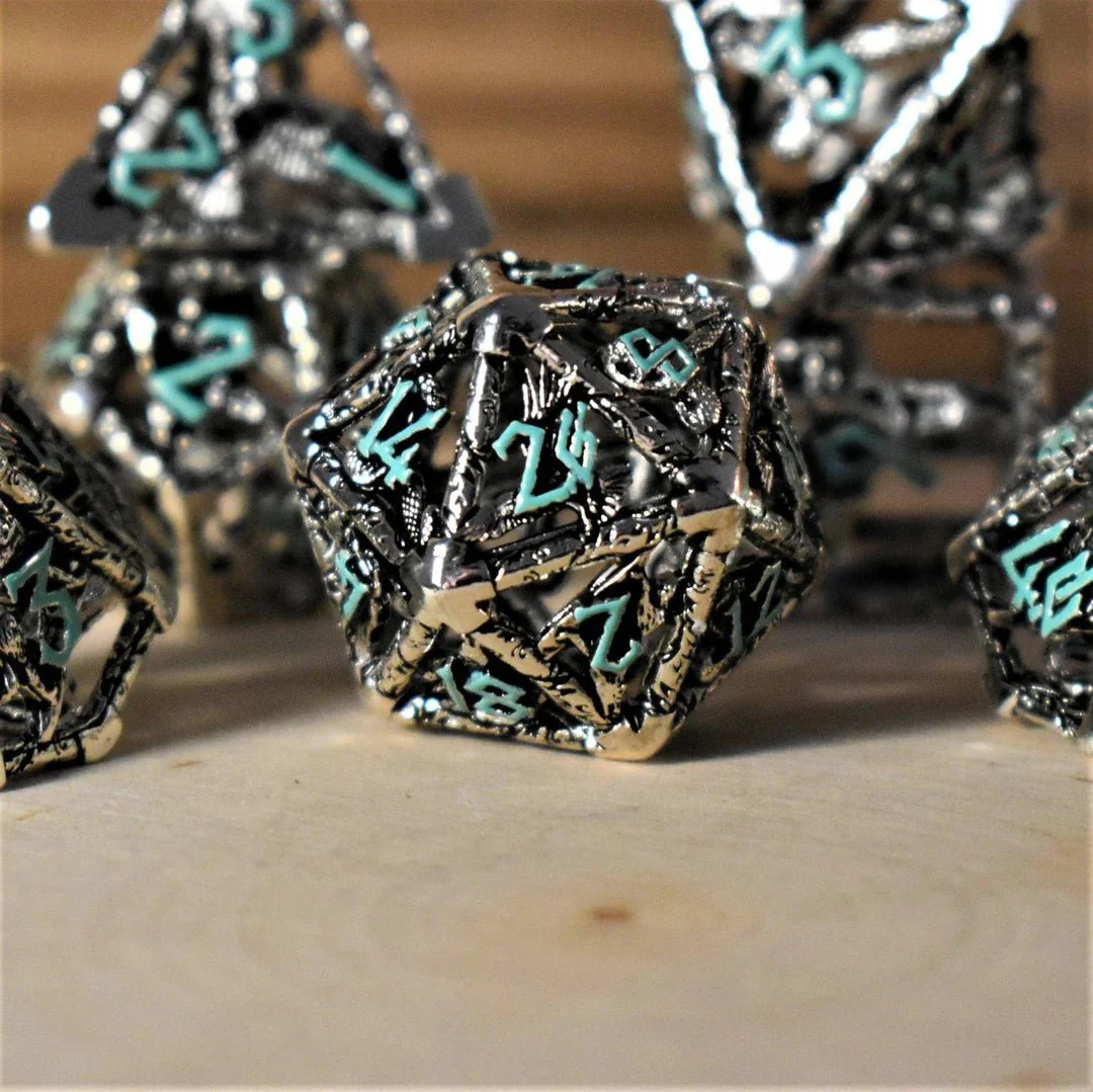 Misty Mountain Gaming: Legends of Valhalla - Silver and Blue Hollow Metal Dice Set - Image 4
