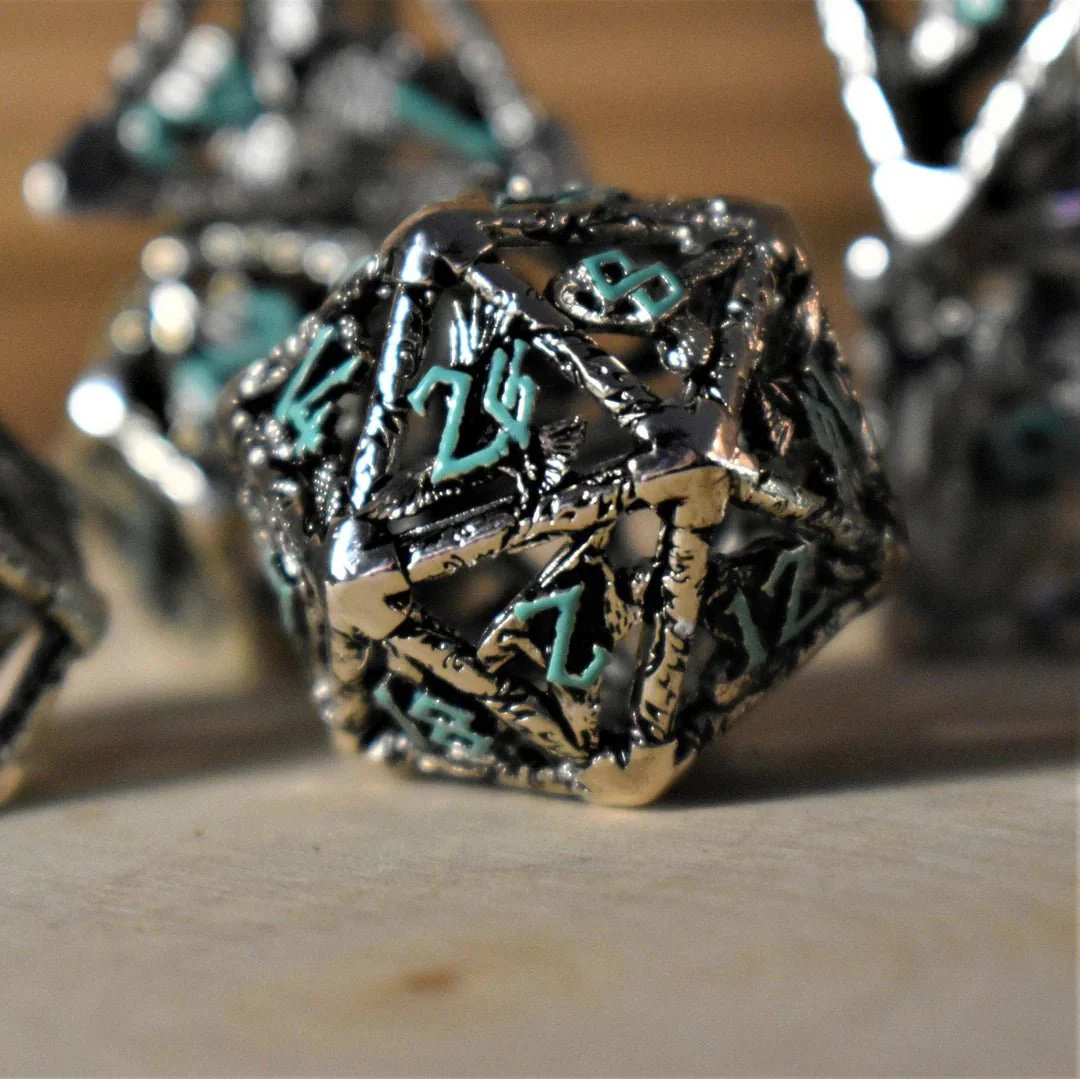 Misty Mountain Gaming: Legends of Valhalla - Silver and Blue Hollow Metal Dice Set - Image 5
